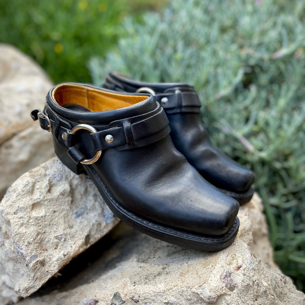 Black Frye belted ring harness mules/clogs